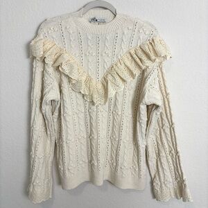 Zara Eyelet Cream Ruffle Mock Neck Knit Sweater Women’s Small Feminine Cozy